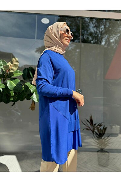 Invee Saks Blue Chiffon Bottom Knitwear Women's Tunic