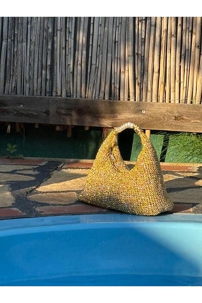 Katusa Women's Gold Metallic Mesh Hand Knitted Pearl and Sparkling Bohemian Handbag