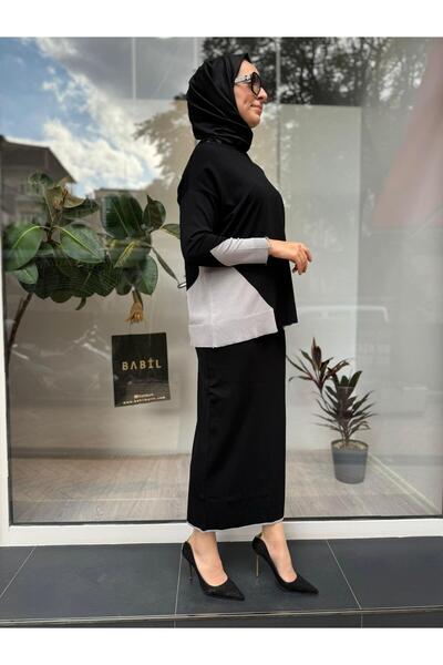 Invee Yanları Renkli Etek Üstü Triko Tunik Siyah