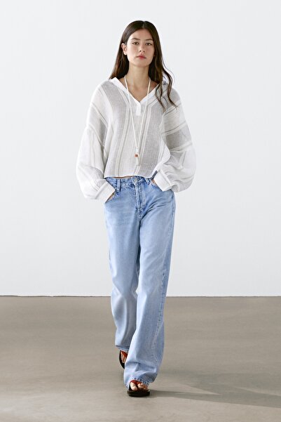 Massimo Dutti Dökümlü çizgili keten karışımlı gömlek