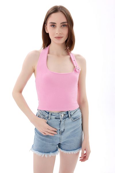 vesantia Candy Pink Halter Neck Μπλούζα με λεπτομέρεια με ρυθμιζόμενο κομμένο