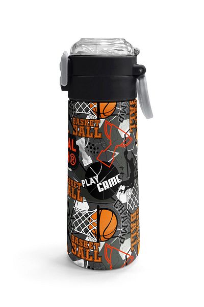 Coral High Kids Black Gray Basketball Patterned Steel Thermos with Straw and Direct Drinking 500 ml 31975