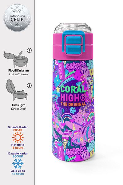 Coral High Kids Graffiti Patterned Steel Thermos with Straw and Direct Drinking 500 ml 31961