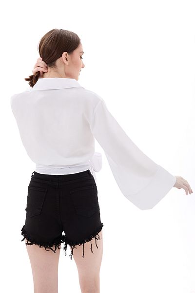 vesantia Women's White Spanish Sleeve Side Tie Shirt