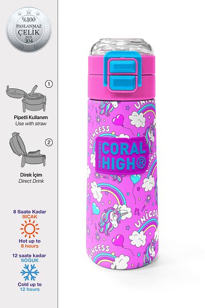 Coral High Kids Purple Light Pink Unicorn Patterned Straw and Direct Drinking Steel Thermos 500 ml 31978