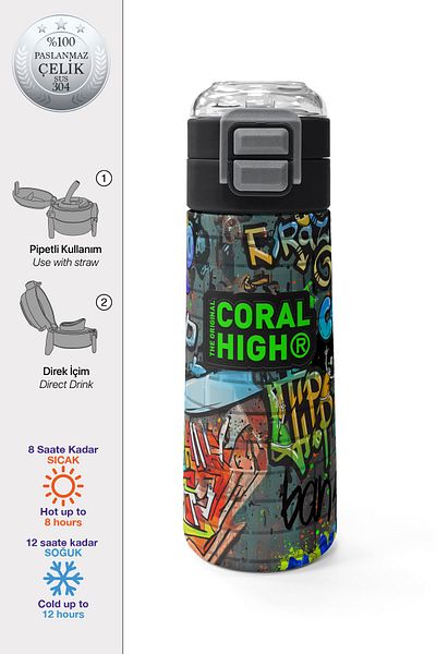 Coral High Kids Black Blue Graffiti Patterned Steel Thermos with Straw and Direct Drinking 500 ml 31972