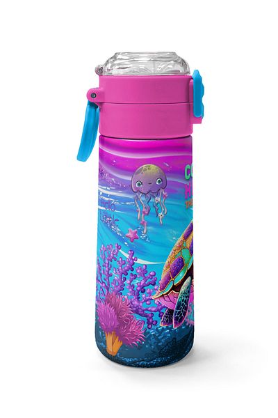 Coral High Kids Pink Purple Turtle Patterned Steel Thermos with Straw and Direct Drinking 500 ml 31957