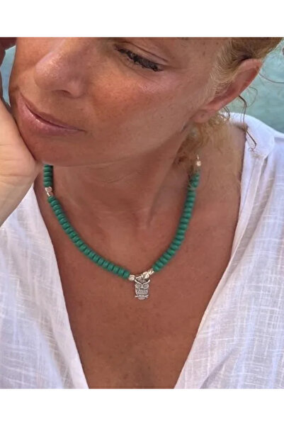 byebruketenci Baykuş Gümüş Kaplama Yeşil Cam Boncuk Kolye