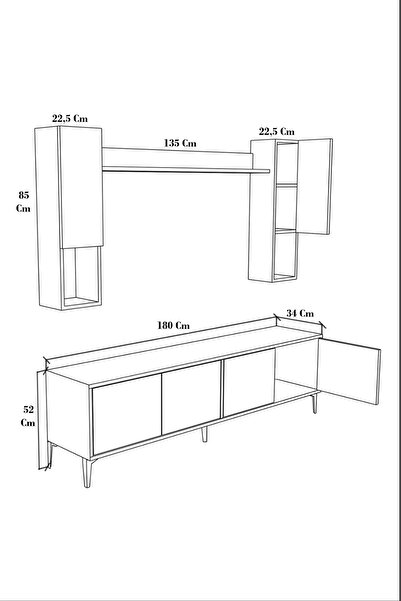 Happylife Furniture Design %100 Mdf Tv Ünitesi 180 Cm - Kapaklı Raflı Kırık Beyaz Renk Televizyon Ünitesi