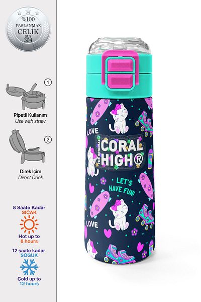 Coral High Kids Navy Blue Pink Cat Skate Patterned Straw and Direct Drinking Steel Thermos 500 ml 31983