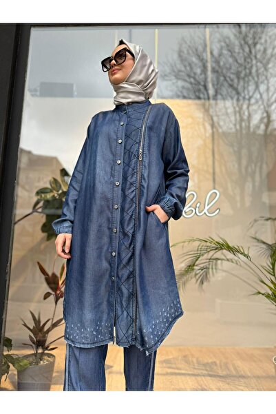 MissWhence Denim Zipper Detailed Design Women's Tunic Navy Blue