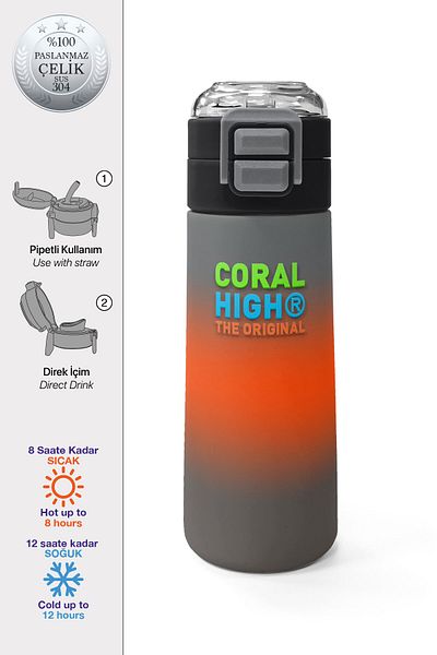 Coral High Kids Gray Orange Color Transitioning Straw and Direct Drinking Steel Thermos 500 ml 31949