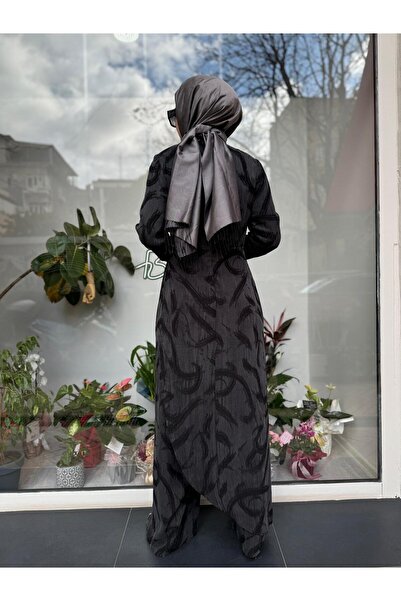 Almarwah Black Women's Self Patterned Jumpsuit with Drawstring Detail on the Front Black