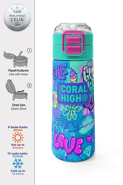 Coral High Kids Lavender Water Green Graffiti Patterned Steel Thermos with Straw and Direct Drinking 500 ml 31971