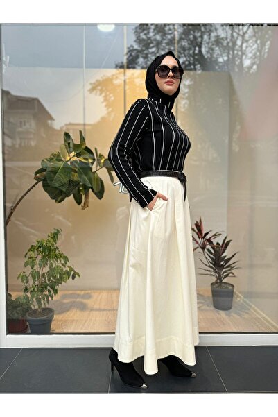 QOOQ STORE Μαύρη ριγέ γυναικεία πλεκτή μπλούζα