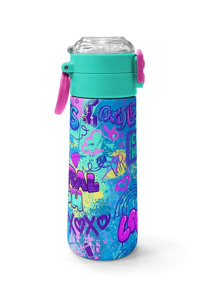 Coral High Kids Lavender Water Green Graffiti Patterned Steel Thermos with Straw and Direct Drinking 500 ml 31971