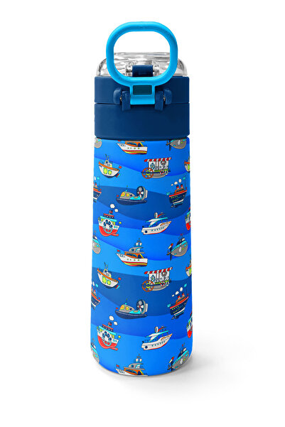 Coral High Kids Navy Blue Ship Patterned Steel Thermos with Straw and Direct Drinking 500 ml 31973
