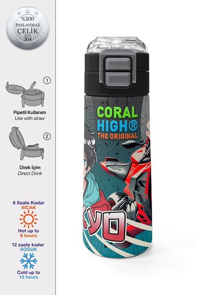 Coral High Kids Gray Nefti Anime Motorcycle Patterned Steel Thermos with Straw and Direct Drinking 500 ml 31965