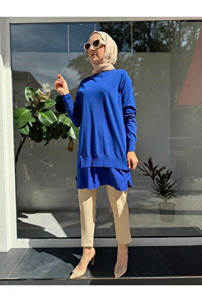 Invee Saks Blue Chiffon Bottom Knitwear Women's Tunic