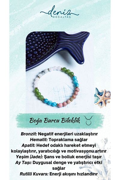 Deniz Doğal Taş Certified Bronzeite, Hematite, Apatite, Jade, Moonstone and Rutile Quartz Taurus Bracelet