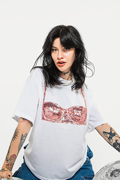 Bak Moda Tricou alb pentru femei cu imprimeu Disco Bralet