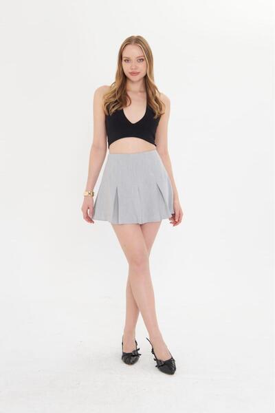 LA PANTE Pileli Şortlu Gri Mini Etek