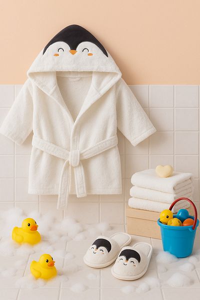 Bebitof Penguin Patterned Baby Bathrobe Set