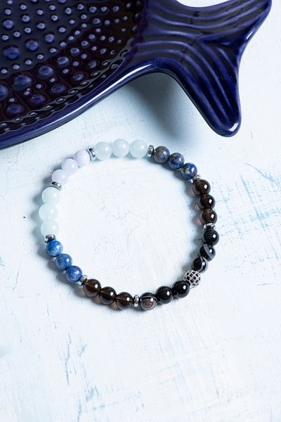 Deniz Doğal Taş Certified Eye Agate Lapis Smoky Quartz Aquamarine Hematite Libra Sign Bracelet