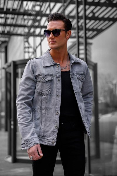 Pobudo Gray Color Distressed Denim Jacket