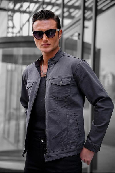 Pobudo Anthracite Color Zippered Men's Denim Jacket