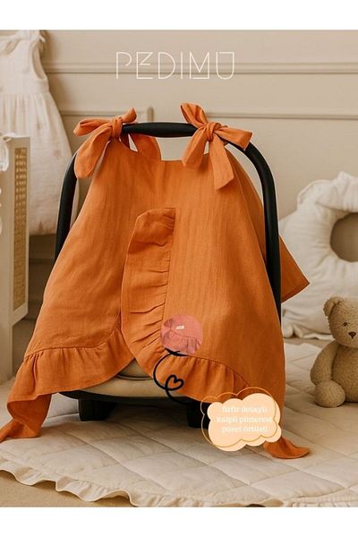Pedimu Muslin Brick Color Ruffle Detailed Muslin Stroller Cover