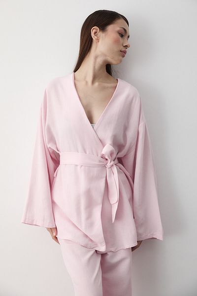 Laluvia Rosa Baumwolle Knopfleiste Leinen Kimono mit Gürtel