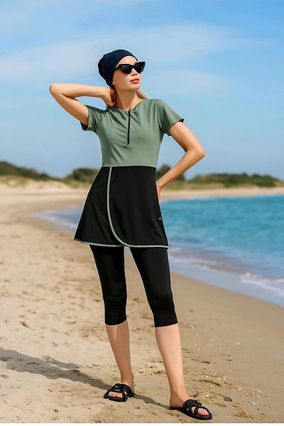 İYİBU Short Sleeve Skirted Tights Semi Covered Dress Swimsuit Quick Dry Fabric Tights Swimwear