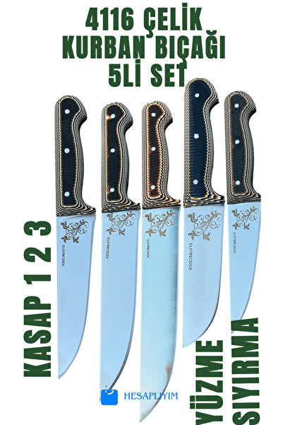 Bordo Kurban Bıçak Seti -4116 Çelik - Verzalit sap - 5 li Set Yüzme sıyırma v...