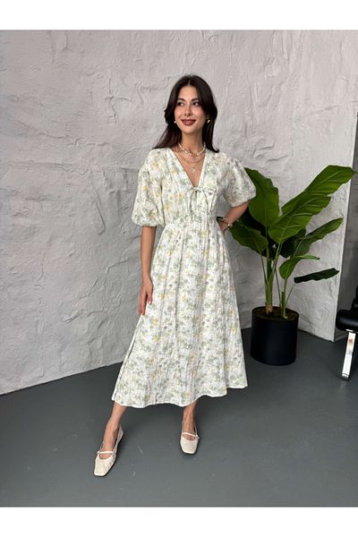 Elif Özbey Butik Rochie de muselină căptușită cu flori verzi