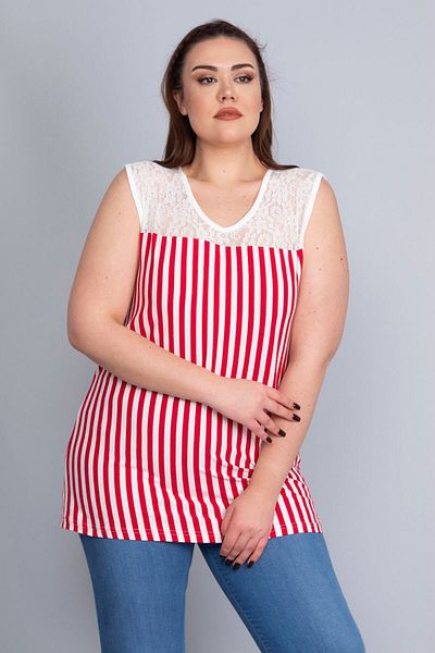 Şans Women's Large Size Red Robe Lace Detailed Striped Viscose Blouse 65n22750