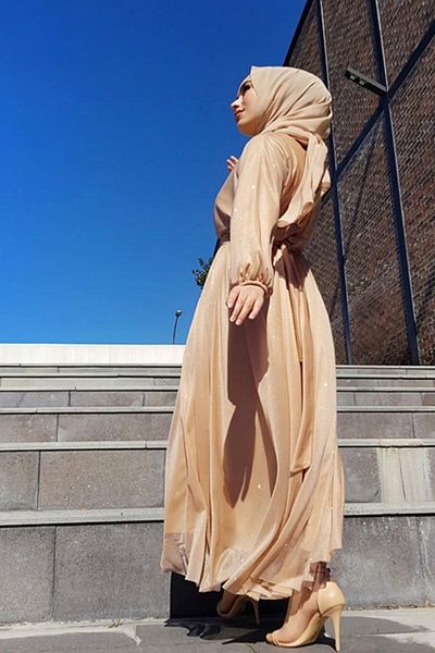 MY DREAM Βραδινό φόρεμα Glitter Waist Sash Salmon Hijab Βραδινό φόρεμα Glitter