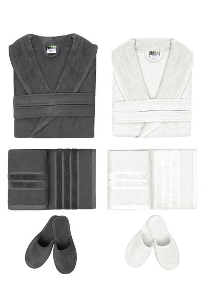 Green Black Anna Aile Bornoz Seti 10 Parça %100 Pamuk Jakarlı Krem/antrasit -...