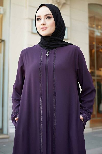 ISTANBUL STYLES عباية نسائي كبير الحجم بأكمام طويلة من الدانتيل، مزين بالليزر والمجوهرات، مصنوع من قماش الكريب صناعة تركية