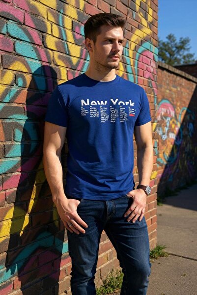 Tex Republic Чоловічий темно-синій футболка Slim Fit - Нью-Йорк з принтом, бавовна