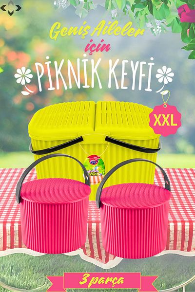 LİGROUND XXL Pink - Large Size Picnic Basket Set for Large Families 3 Pieces