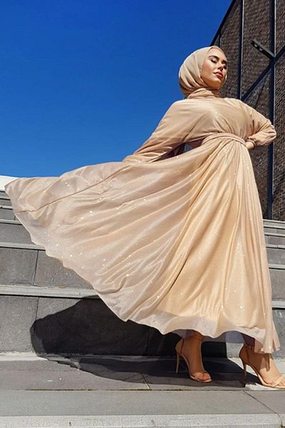 MY DREAM Βραδινό φόρεμα Glitter Waist Sash Salmon Hijab Βραδινό φόρεμα Glitter