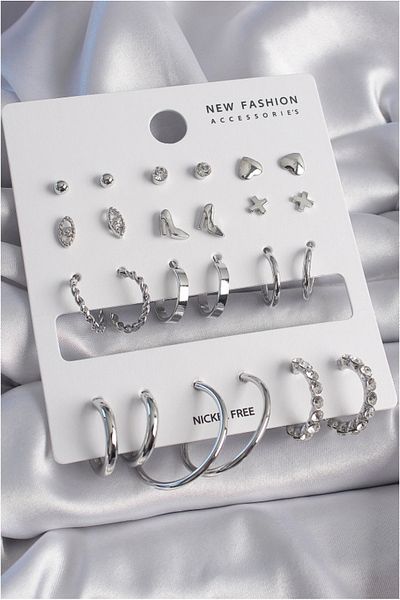 Skygo 12 Pairs Zircon Stone Detailed Brass Silver Women's Earrings Set - Tj-Bkp9683