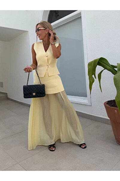 LE CARAMBOLE Women's Yellow Summer Knitwear Vest Chiffon Detailed Skirt Double Set