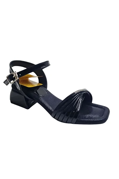 wakawakakidsstore Black Stone Detailed Thick Heeled Girl's Evening Dress Shoes