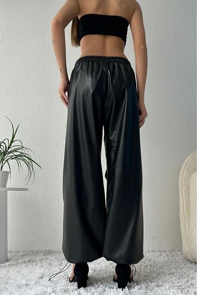 ZAROLİ High Waist Elastic Faux Leather Women's Jogger Black Pants