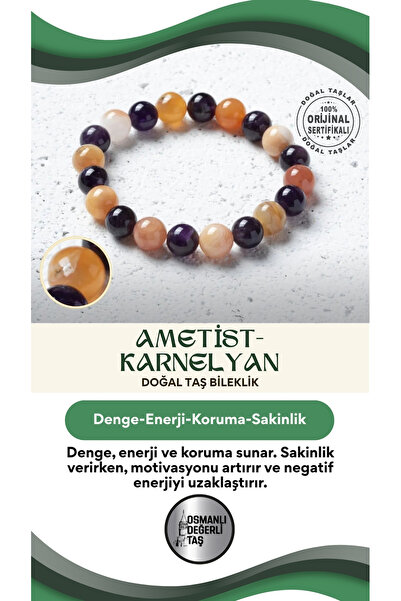 OSMANLI DEĞERLİ TAŞ Sertifikalı Doğal Ametist ve Karnelyan Bileklik – Denge, ...
