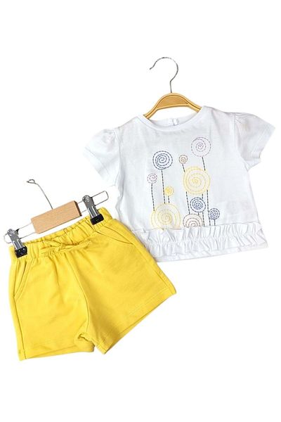 ww waka waka kids store Flower Embroidery White T-Shirt and Yellow Shorts Baby/Child Set - Yellow