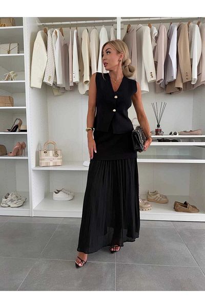 LE CARAMBOLE Women's Black Summer Knitwear Vest Chiffon Detailed Skirt Double Set