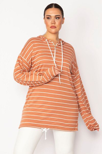 Şans Women's Large Size Tan Front Placket Zippered Eyelet and Lace Detailed Hooded Striped Tunic 65n28699